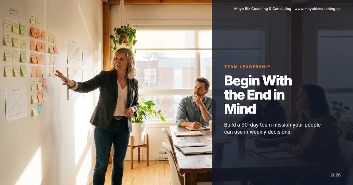 Team leader guiding a 90-day mission planning session with a small group around a table in a bright office