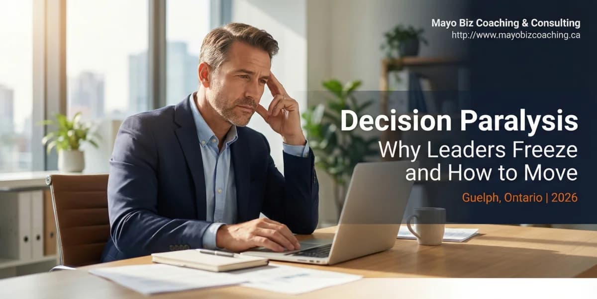 Business leader working through a structured decision-making framework in a coaching session