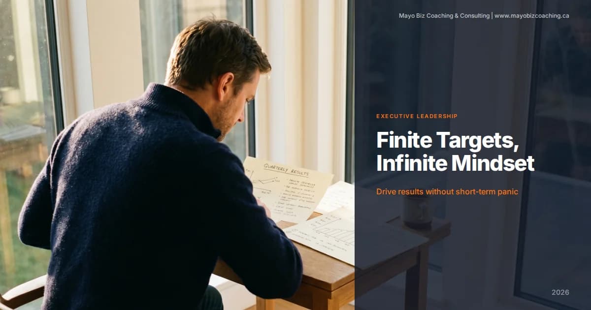 Business owner reviewing quarterly targets and a long-term strategy plan side by side in a calm office workspace