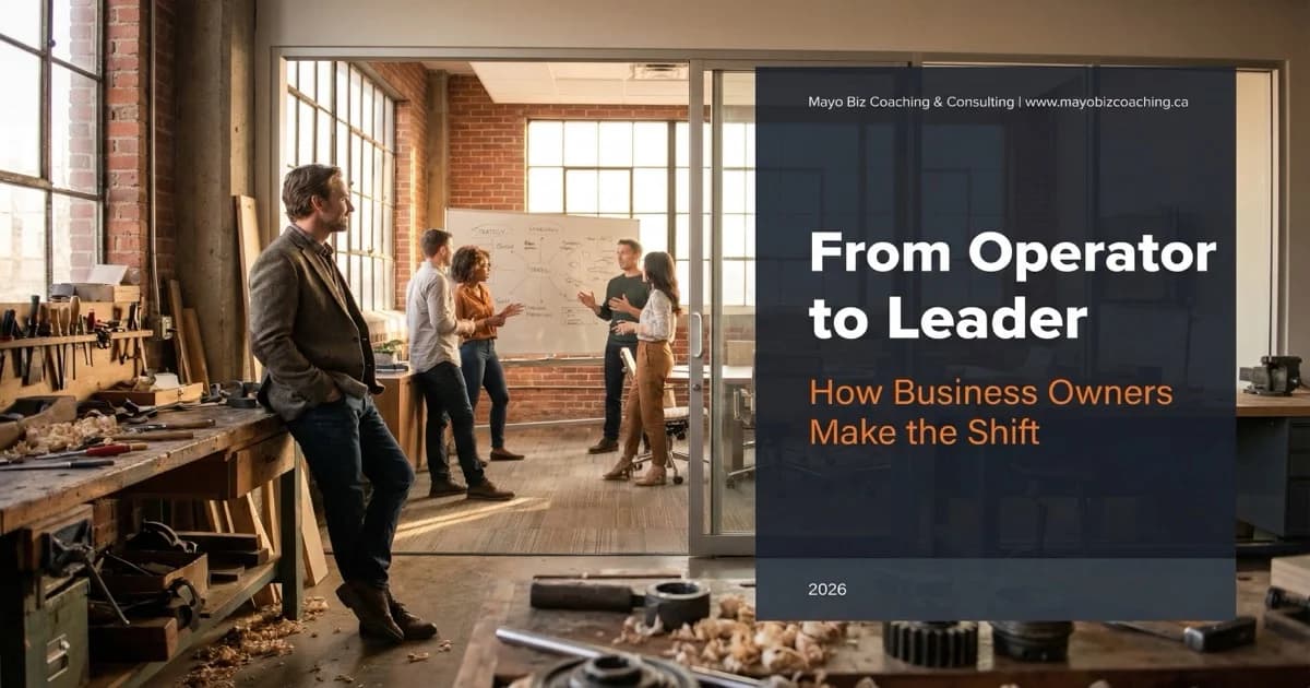 Business owner standing at the threshold between hands-on work and strategic leadership