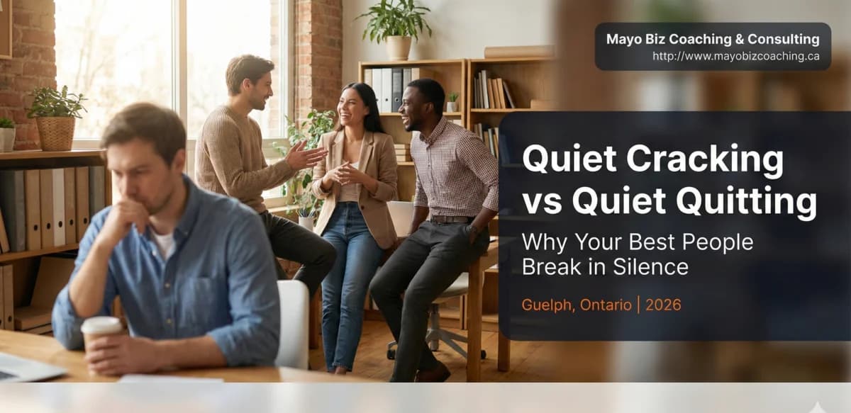 Leader recognising quiet cracking warning signs during a team meeting while others appear fine on the surface