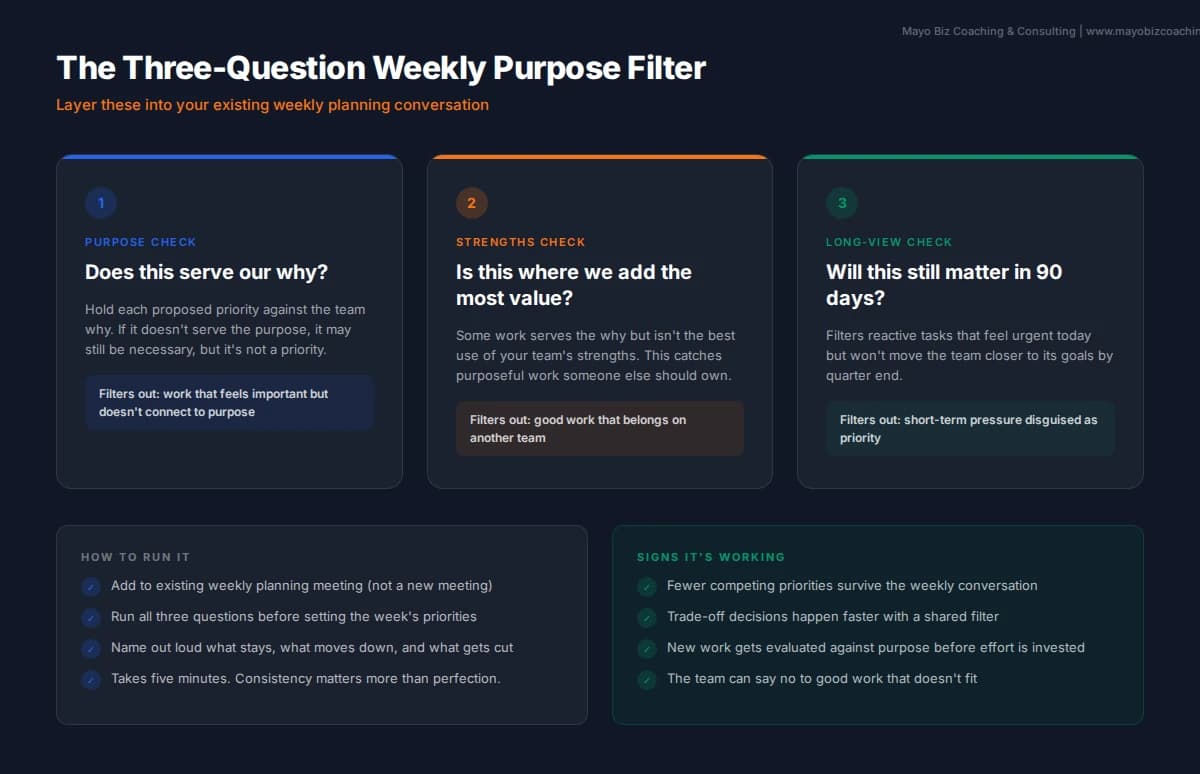 Three-question weekly purpose filter for team leaders with practical coaching application