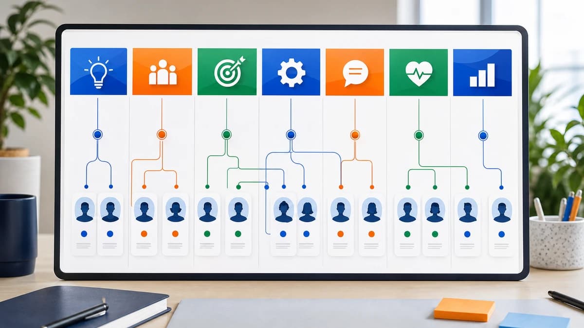 Team strengths map showing capability columns, individual profiles, and connection lines between complementary strengths
