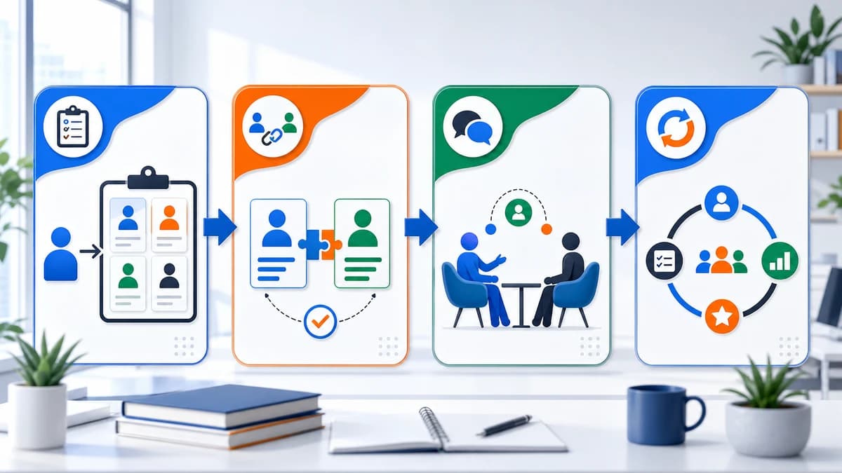 Team strengths map workflow showing assignment, pairing, coaching, and debriefing as connected leadership moves