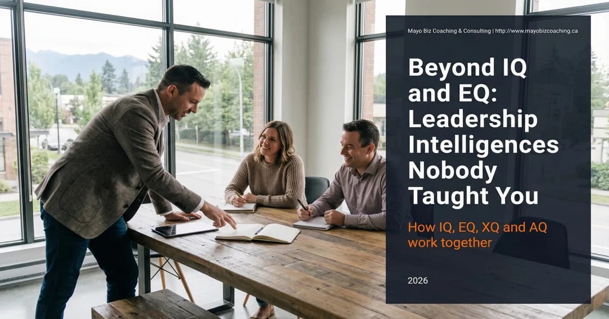Business coach guiding two leaders at a warm office table with a right-side panel titled Beyond IQ and EQ