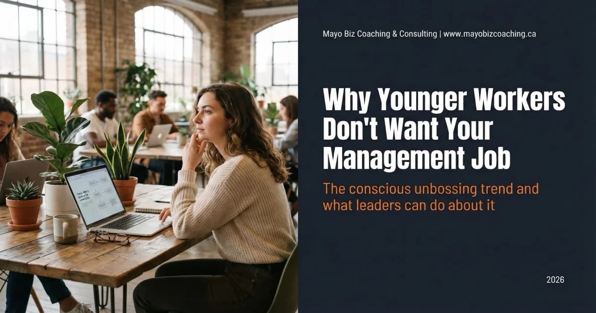 Young professional in a modern office considering career path options with text overlay about conscious unbossing