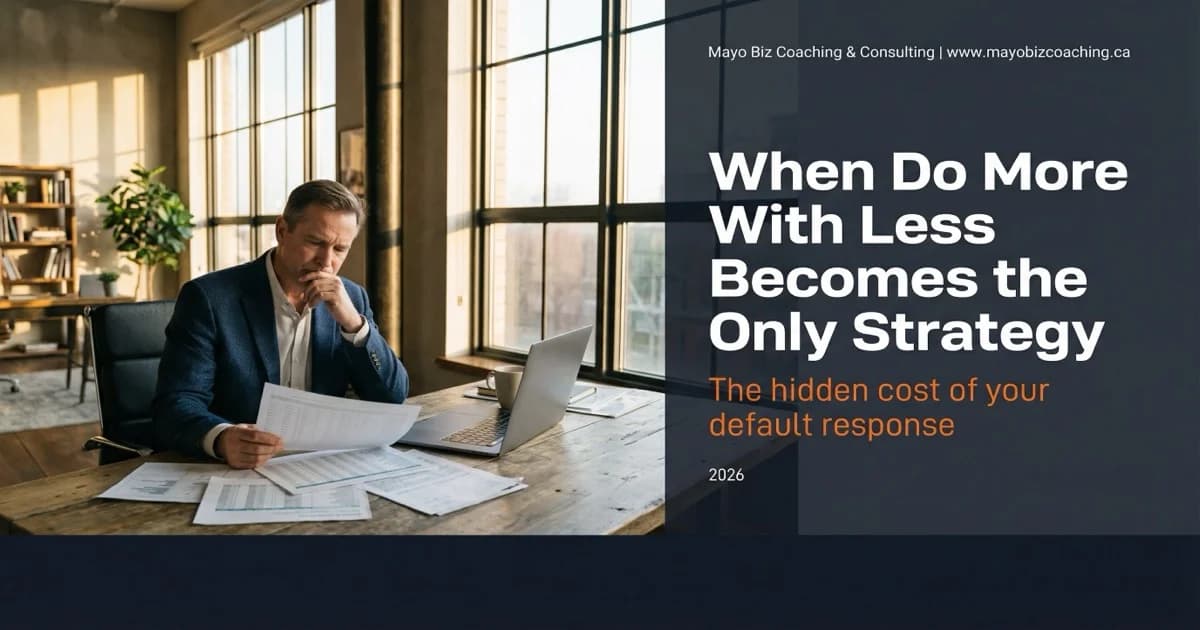 Business owner in a quiet office reviewing team workload, looking thoughtful and concerned