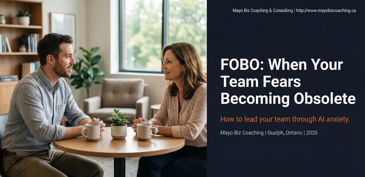 Business leader having an honest conversation with a small team about AI and the future of their roles