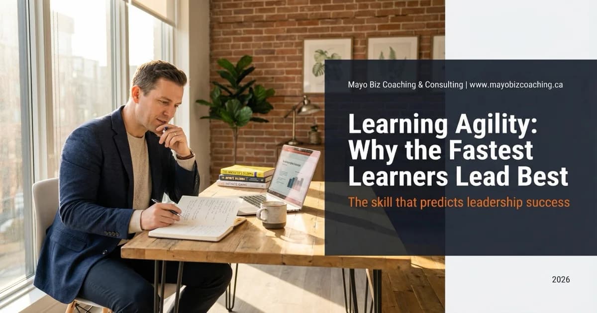 Business leader reviewing notes in a bright modern office with a right-side panel titled Learning Agility