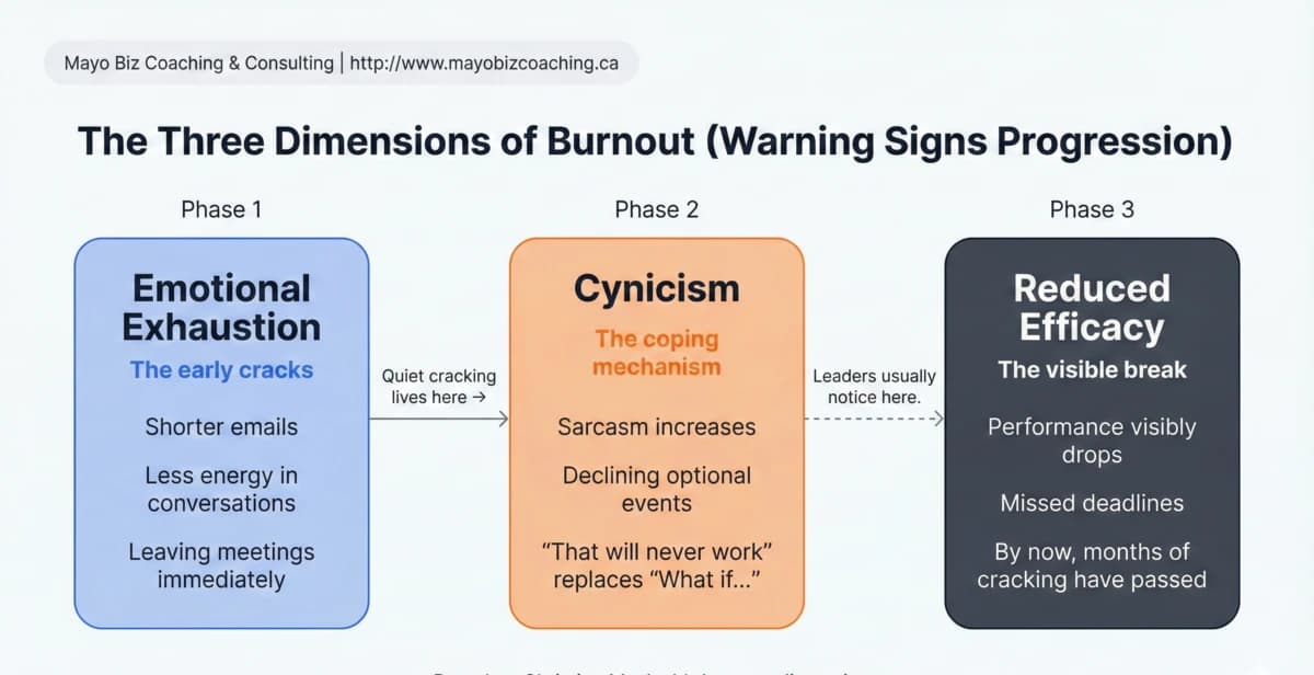 Three dimensions of burnout progression from emotional exhaustion through cynicism to reduced efficacy with warning signs for each phase
