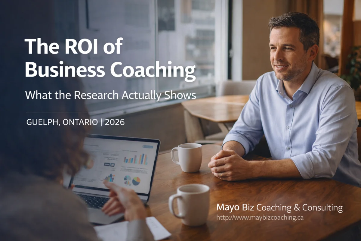 Business leader reviewing coaching ROI data and research findings in a modern office setting