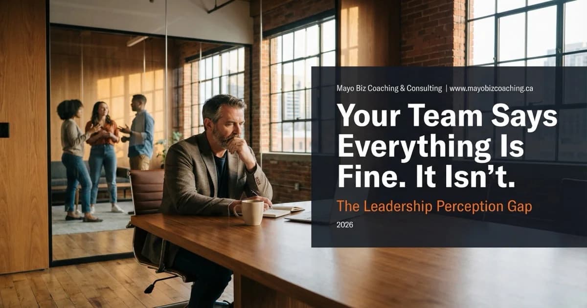 Business leader reflecting alone in a quiet meeting room while team members look away, illustrating the leadership perception gap