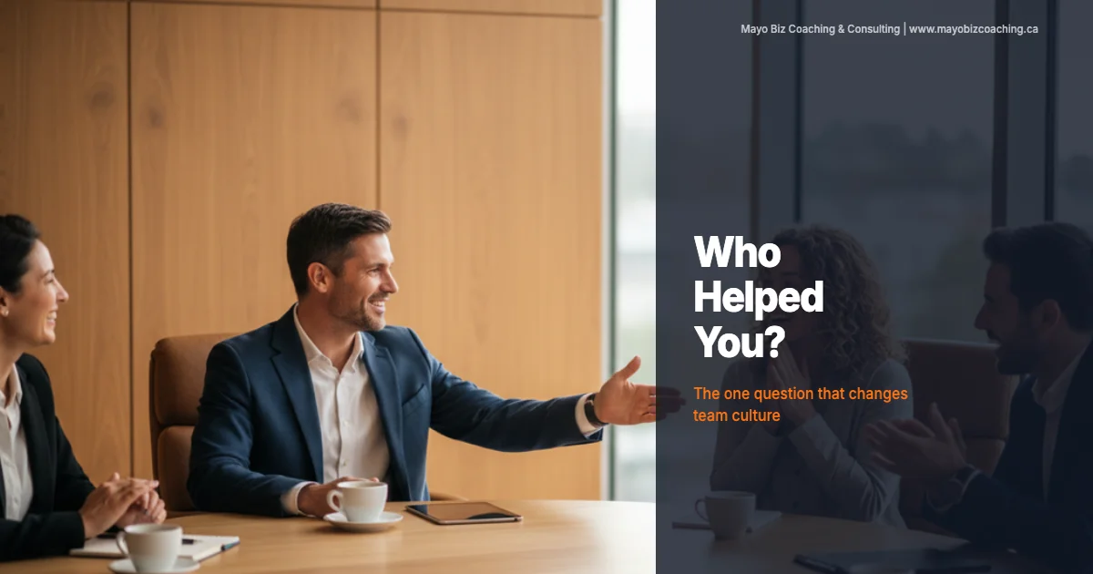 Leader facilitating a team conversation about recognition and gratitude in a warm modern office setting