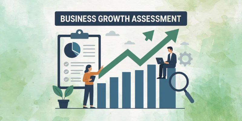 Business growth assessment preview with leadership, operations, team culture, marketing, and financial health analysis