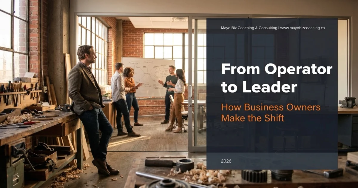 Business owner standing at the threshold between hands-on work and strategic leadership