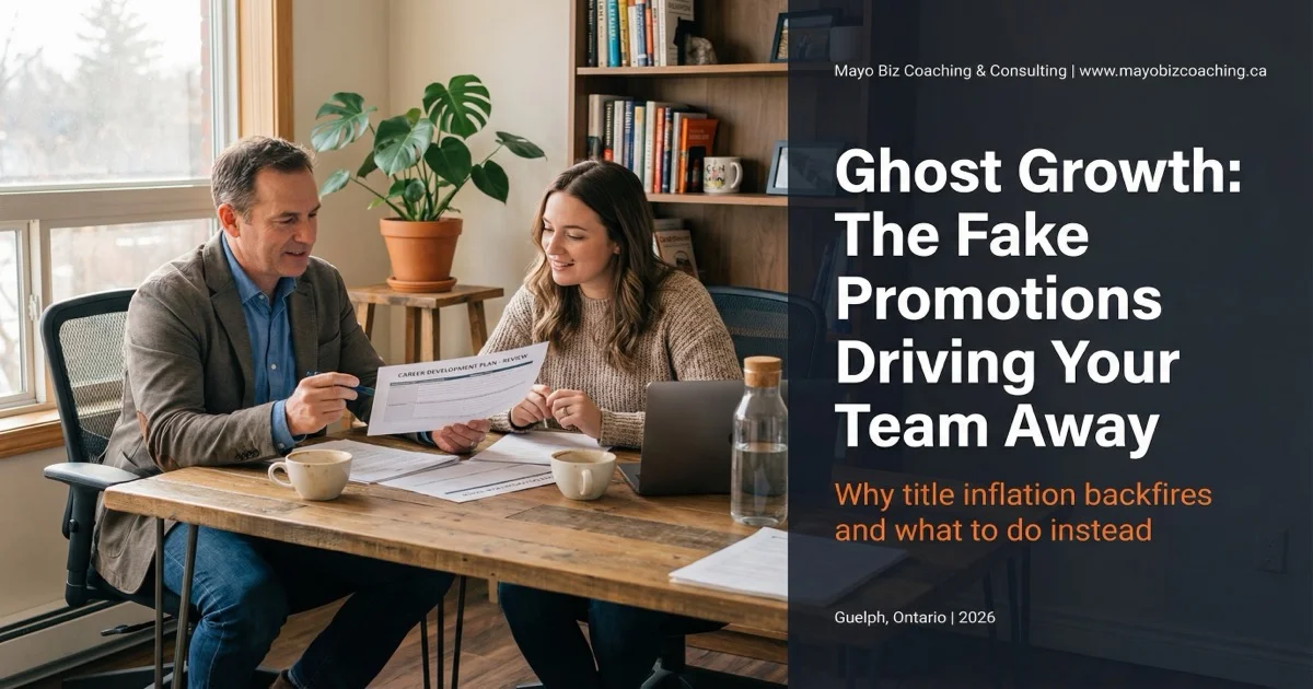 Business owner reviewing a team member promotion plan with honest career growth paths on a whiteboard