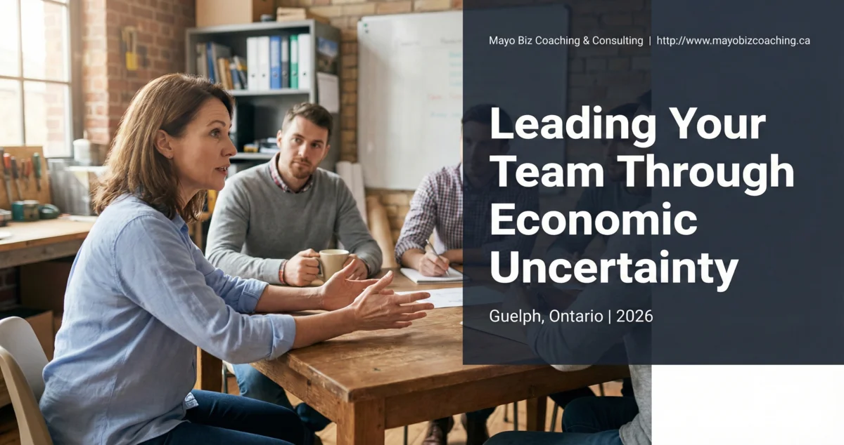 Business leader having an honest conversation with their small team during a period of economic uncertainty