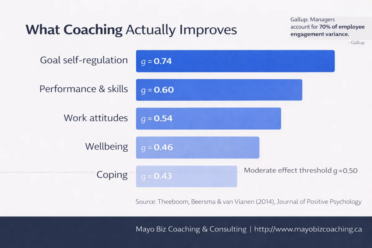 What coaching actually improves: bar chart showing effect sizes from meta-analysis, with goal self-regulation highest at 0.74 and coping at 0.43