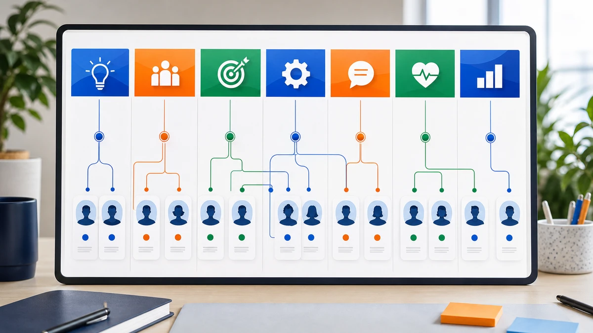 Team strengths map showing capability columns, individual profiles, and connection lines between complementary strengths